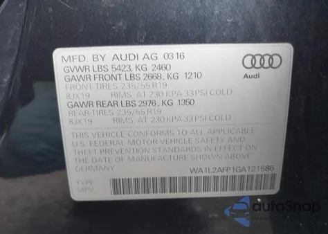 2016 Audi Q5 2.0T Premium z USA, uszkodzony, nr VIN WA1L2AFP1GA121586